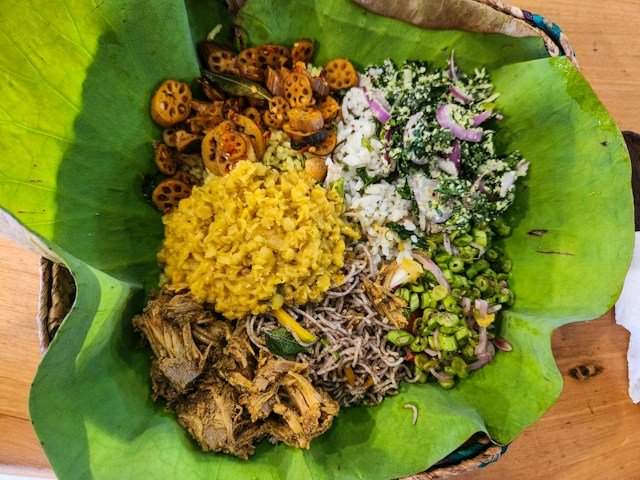 Traditional Sri Lankan Rice and Curry Served on a Lotus Leaf